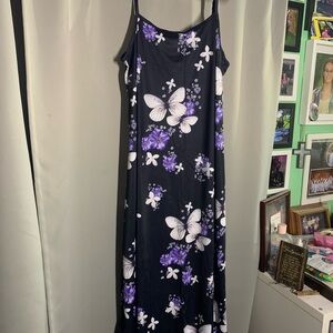 Elegant Floral Butterfly Maxi Dress - Black and Purple